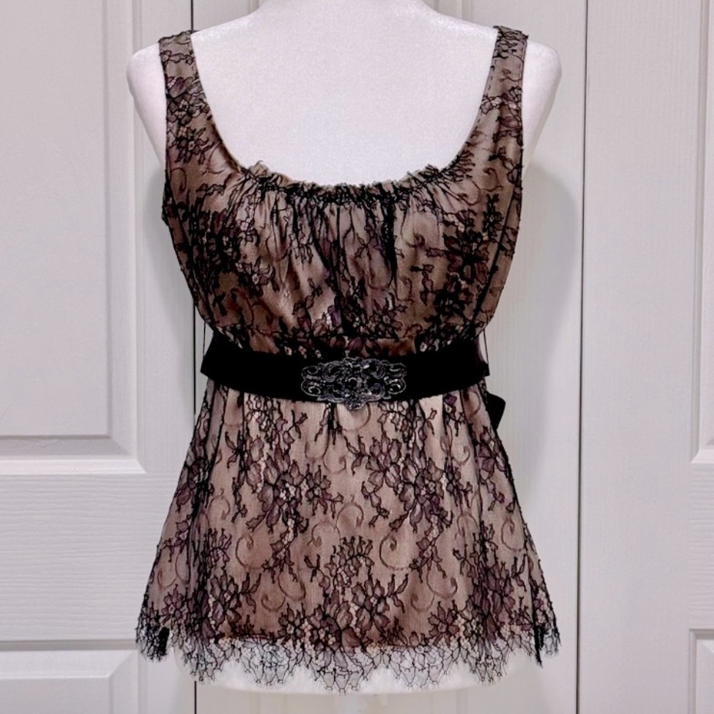 Elie Tahari Emilia Black Gold Lace Overlay Satin Top Belted M